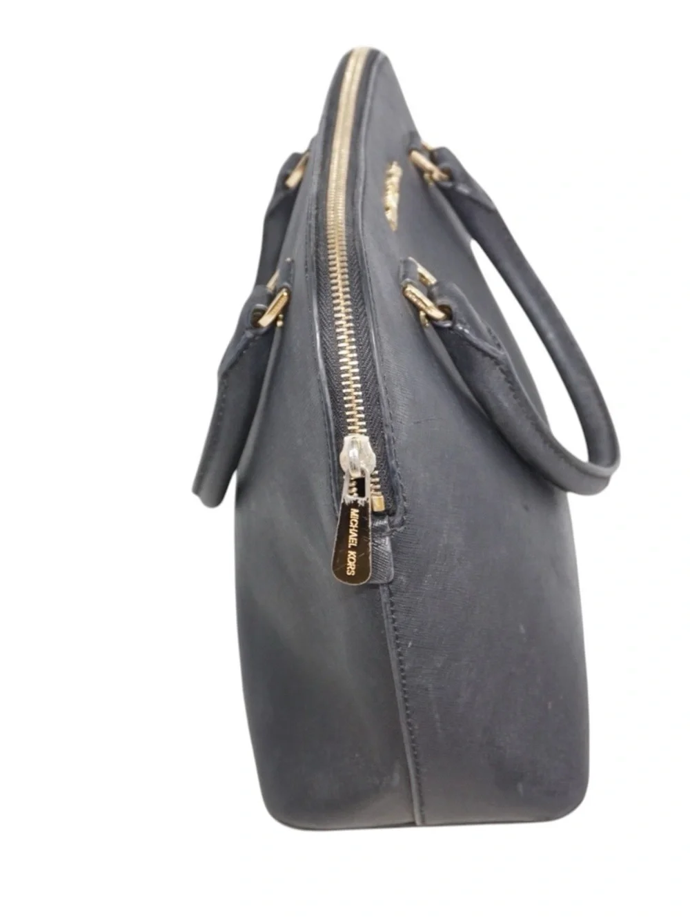 Michael Kors Cindy Black Dome Satchel with Gold Hardware Accents